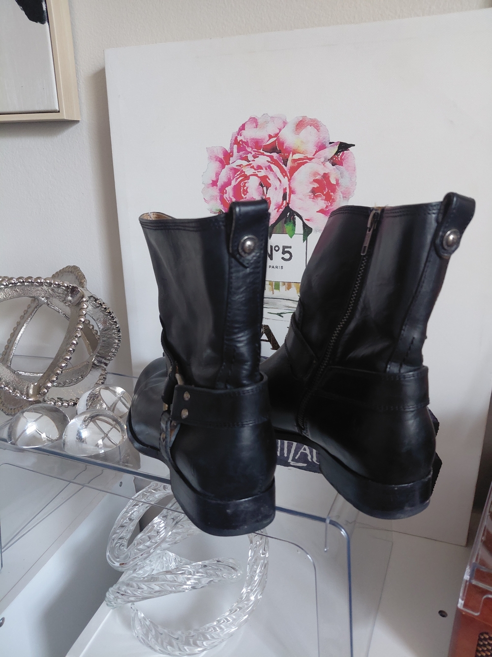 Frye Black Leather Harness Ankle Boots